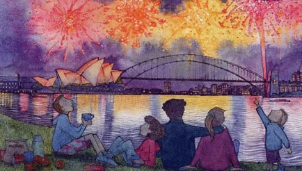 Are We There Yet? Cascading Fireworks Exploded Across the Sky Print. Illustration by Alison Lester