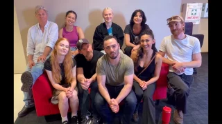 The cast of Sport for Jove's MACBETH backstage at The Joan (L-R) Mark Lee (Duncan/Porter), Emily Sinclair (Witch/Fleance/Ensemble), Evelina Singh (Witch/Macduff Child / Ensemble), Paul Reichstein (Macduff/ Murderer), Shannon Thomas (Witch / Malcolm), David Soncin (Macbeth), Francesca Savige (Lady Macduff/Cait), Tamara Lee Bailey (Lady Macbeth) and Jake Fryer-Hornsby (Banquo/Ross).